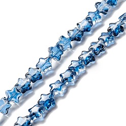 Prussian Blue Transparent Glass Beads Strand, Star, Prussian Blue, 8~8.5x8~8.5x3.5~4mm, Hole: 1mm, about 50pcs/strand, 14.25~15.35 inch(36.2~39cm)