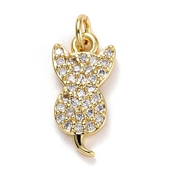 Real 18K Gold Plated Brass Micro Pave Clear Cubic Zirconia Charms, Long-Lasting Plated, Lead Free & Cadmium Free, Cat, Real 18K Gold Plated, 14x7x2mm, Hole: 2mm