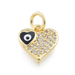 Black Brass Micro Pave Clear Cubic Zirconia Charms, with Enamel and Jump Rings, Golden, Heart with Evil Eye, Black, 10x10x2.5mm, Hole: 3mm