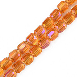 Naranja Oscura Electroplate transparentes cuentas de vidrio hebras, facetados, columna, naranja oscuro, 8x8 mm, agujero: 1.2 mm, sobre 79~80 unidades / cadena, 25.59 pulgada ~ 27.17 pulgada (65~69 cm)