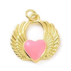 Pink Rack Plating Brass Enamel Pendants, with Jump Ring, Long-Lasting Plated, Real 18K Gold Plated, Cadmium Free & Lead Free, Wing with Heart Charm, Pink, 20.5x19x3.5mm, Jump Ring: 5x0.8mm, Inner Diameter: 3.5mm