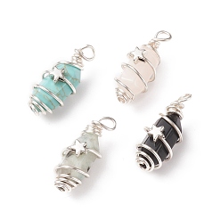 Mixed Stone Gemstone Double Terminal Pointed Pendants, with Silver Tone Copper Wire Wrapped & Alloy Star Beads, Faceted Bullet Charm, 27x11x13mm, Hole: 2.5~3mm