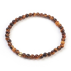 Tiger Eye Natural Tiger Eye Stretch Bracelets, with 925 Sterling Silver Spacer Beads, Round, 2-1/8 inch(5.5cm)