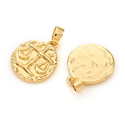 Libra Brass Pendants, Textured, Flat Round with Constellation/Zodiac Sign, Real 18K Gold Plated, Libra, 16.5x14x2mm, Hole: 5x2.5mm