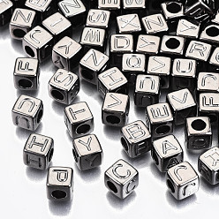 Gunmetal CCB Plastic Beads, Horizontal Hole, Cube with Letter, Gunmetal, 7x7x7mm, Hole: 3.5mm, about 2000pcs/500g