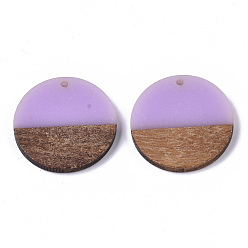 Violet Pendentifs en résine et bois, plat rond, violette, 28.5x3.5~4mm, Trou: 1.5mm