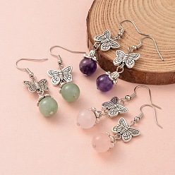 Mixed Stone Butterfly Alloy Dangle Earrings, with Natural Gemstone Bead and Brass Earring Hooks, 49mm, Pin: 0.6mm