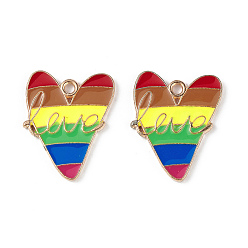 Colorful Rainbow Color Pride Alloy Enamel Pendants, Heart with Word Love Charm, Light Gold, Colorful, 22.5x17.7x1.5mm, Hole: 2mm