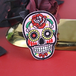 Pink Sugar Skull Computerized Embroidery Style Cloth Iron on/Sew on Patches, Appliques, Badges, for Clothes, Dress, Hat, Jeans, DIY Decorations, for Mexico Day of the Dead, Pink, 73x54mm