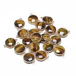 Tiger Eye Natural Tiger Eye Links connectors, with Golden Tone Brass Findings, Faceted, Flat Round, 25.5~26.5x17~18x6~7mm, Hole: 2~2.5mm