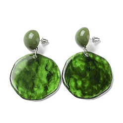 Green Resin Stud Earrings, with Iron Finding and Sterling Silver Pin, Green, 56~57x36mm