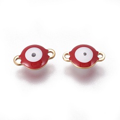 FireBrick Ion Plating(IP) 304 Stainless Steel Enamel Links connectors, Flat Round with Evil Eye, Golden, FireBrick, 9.5x6x3.5mm, Hole: 1.2mm