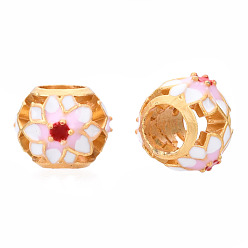 Pearl Pink Alloy Enamel European Beads, Large Hole Beads, Matte Style, Cadmium Free & Lead Free, Rondelle with Flower, Pearl Pink, 10.5x8.5mm, Hole: 4mm