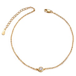 Real 18K Gold Plated SHEGRACE Classic 925 Sterling Silver Anklet, with Flat Round Grade AAA Cubic Zirconia, Craved with S925, Real 24K Gold Plated, 8-1/4 inch(21cm)