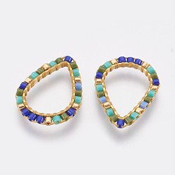 Dodger Blue Brass Linking Rings, with Seed beads, teardrop, Dodger Blue, 19x14x1.5mm