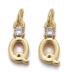 Letter Q Brass Micro Pave Clear Cubic Zirconia Pendants, with Jump Rings, Real 18K Gold Plated, Long-Lasting Plated, Letter, Letter.Q, 10x4x2.5mm