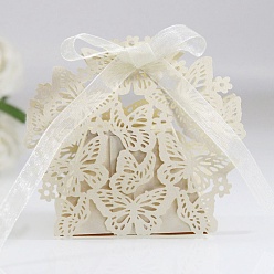 Papaya Látigo Cajas de cartón de dulces de boda plegables creativas, pequeñas cajas de regalo de papel, mariposa hueca con cinta, PapayaWhip, pliegue: 6.3x4x4 cm