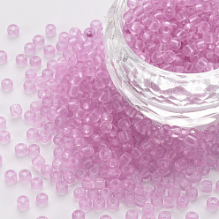 Plum 8/0 Transparent Glass Seed Beads, Round Hole, Frosted Colours, Round, Plum, 3~4x2~3mm, Hole: 0.8mm, about 15000pcs/Pound