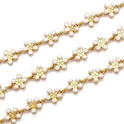 White Golden Brass Enamel Link Chain, Long-Lasting Plated, with Spool, Unwelded, Flower, White, 9x6x1mm, 32.8 Feet(10m)/roll