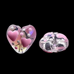 Pink Hebras de cuentas de esmalte de vidrio hechas a mano para el día de San Valentín, corazón, rosa, 13.5x14x8~9 mm, agujero: 1.2 mm, sobre 30 unidades / cadena
