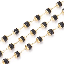Noir Main chaînes de perles de verre, avec les accessoires en laiton, plaqué longue durée, rondelle, facette, soudé, or, noir, 4mm, environ 32.8 pieds (10 m)/rouleau