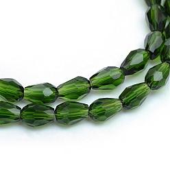 Green Transparent Glass Bead Strands, Faceted Teardrop, Green, 11x8mm, Hole: 1mm, 60pcs/strand, 28 inch