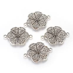 Antique Silver Tibetan Style Alloy Links, Flower, Antique Silver, Lead Free & Cadmium Free, 41x29x2.5mm, Hole: 3mm