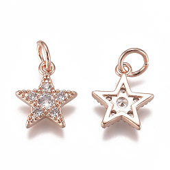 Rose Gold Brass Micro Pave Cubic Zirconia Charms, with Jump Ring, Long-Lasting Plated, Star, Clear, Real Rose Gold Plated, 12x10x2mm, Hole: 3mm