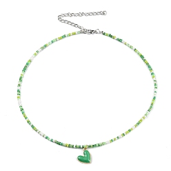 Green Alloy Enamel Heart Charm Necklace, Glass Seed Beaded Necklace for Women, Green, 17.13 inch(43.5cm)