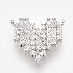 Platine Micro cuivres ouvrent pendentifs zircone cubique, cœur, clair, platine, 14.5x16.5x2mm, Trou: 1mm