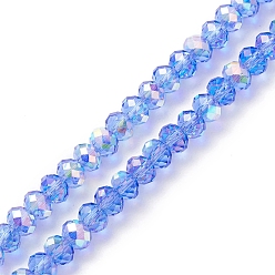 Blue Electroplate Transparent Glass Beads Strands, AB Color Plated, Faceted, Rondelle, Blue, 5.5x4mm, Hole: 1mm, about 100pcs/strand, 17.01''(43.2cm)