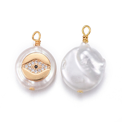 Clear Natural Cultured Freshwater Pearl Pendants, with Brass Cubic Zirconia Findings, Nuggets with Eye, Golden, Clear, 17~26x11~16x5~11mm, Hole: 1.6~2mm