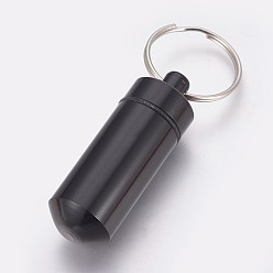 Noir Petit cas de pilule extérieur d'alliage d'aluminium portatif, avec l'anneau de la clé de fer, noir, 50.5x17mm