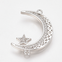 Platinum Brass Micro Pave Cubic Zirconia Links, Clear, Moon with Star, Platinum, 27.5x18x2mm, Hole: 1.5mm