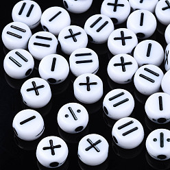 Blanco Abalorios de acrílico opacos, ronda plana con símbolo aritmético, blanco, blanco, 7x4 mm, agujero: 1.8 mm, Sobre 3670 unidades / 500 g