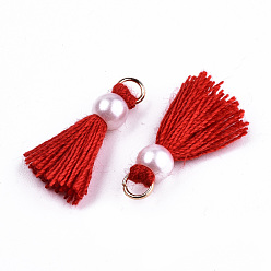 Red Polycotton(Polyester Cotton) Tassel Pendant Decorations, Mini Tassel, with Golden Tone Iron Findings and ABS Plastic Imitation Pearl, Red, 23mm, Jump ring: 5x0.8mm, 3.4mm inner diameter