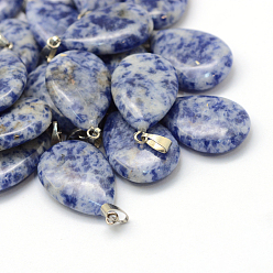 Punto Piedra Azul Colgantes de jaspe de punto azul natural en forma de lágrima, con fornituras de latón de tono platino, 25~29x16~17x5~6 mm, agujero: 2x7 mm
