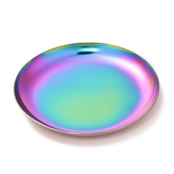 Rainbow Color Flat Round 430 Stainless Steel Jewelry Display Plate, Cosmetics Organizer Storage Tray, Rainbow Color, 101x10mm