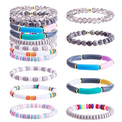 Gris Ensemble de bracelets extensibles en jaspe impérial synthétique et perles de verre de style pcs 8, bracelets heishi surfeur en pâte polymère, bracelets épais en tube incurvé en acrylique pour femmes, grises , diamètre intérieur: 6 pouce (2-1/8 cm)