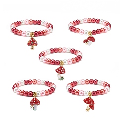 Mixed Patterns Red Glass Pearl Beaded Stretch Bracelet with Alloy Enamel Mushroom Charm for Women, Mixed Patterns, Inner Diameter: 2-1/8 inch(5.4cm)