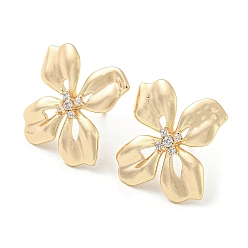 Real 18K Gold Plated Brass with Glass Stud Earrings Findings, with Loops, Flower, Real 18K Gold Plated, 23x23mm, Hole: 1.2mm, Pin: 11x0.7mm