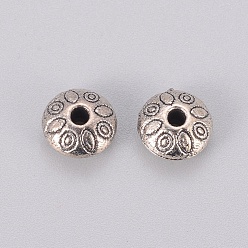 Antique Silver Tibetan Style Alloy Spacer Beads, Cadmium Free & Nickel Free & Lead Free, Rondelle with Flower, Antique Silver, 9x9x6mm, Hole: 1.5mm