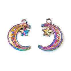 Rainbow Color Ion Plating(IP) 304 Stainless Steel Pendants, Moon with Star, Rainbow Color, 24x16x2mm, Hole: 3mm