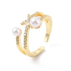 Real 18K Gold Plated Clear Cubic Zirconia Star Open Cuff Ring with Plastic Pearl Beaded, Rack Plating Brass Jewelry for Women, Cadmium Free & Lead Free, Real 18K Gold Plated, US Size 7 1/4(17.5mm)