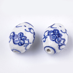 Blue Handmade Porcelain Beads, Blue and White Porcelain, Oval, Blue, 19x14mm, Hole: 1.6mm
