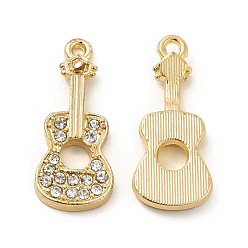Oro Colgantes de diamantes de imitación de aleación de chapado en rack, sin cadmio y níque y plomo, encantos de guitarra, dorado, 29x12x3.5 mm, agujero: 1.8 mm
