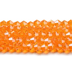 Orange Transparent Electroplate Glass Beads Strands, Pearl Luster Plated, Faceted, Bicone, Orange, 4x4mm, Hole: 0.8mm, about 87~98pcs/strand, 12.76~14.61 inch(32.4~37.1cm)