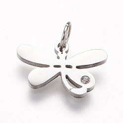 Stainless Steel Color 316 Surgical Stainless Steel Pendants, with Rhinestone, Dragonfly Charms, Stainless Steel Color, 10x15x1.5mm, Hole: 3.5mm
