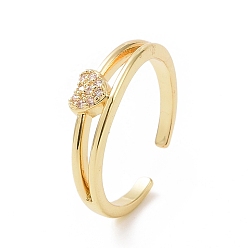Golden Clear Cubic Zirconia Heart Open Cuff Ring, Brass Jewelry for Women, Golden, Inner Diameter: 16mm