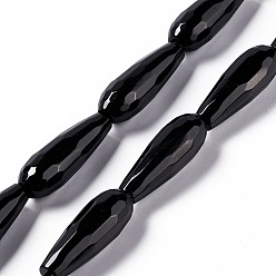 Black Stone Natural Black Stone Beads Strands, Faceted, Teardrop, 28~30x9.5~10.5mm, Hole: 1.2mm, about 13pcs/strand, 14.65''~15.39''(37.2~39.1cm)